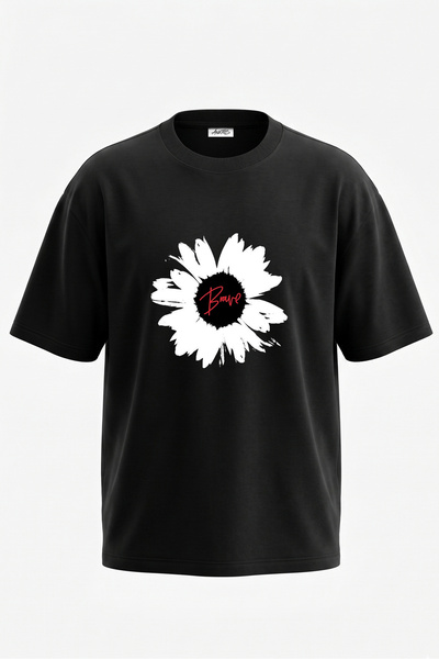Anetos Tricou oversize negru din bumbac cu imprimeu Brave Flower Design