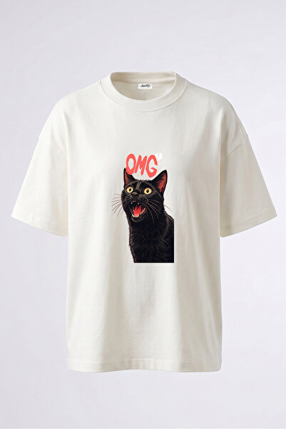 Anetos تي شيرت OMG Cat Design مطبوع على الظهر من القطن باللون الأبيض مقاس كبير