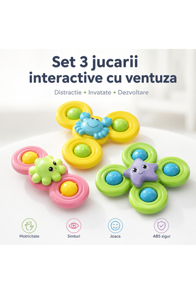 iTin Set 3 jucarii interactive cu ventuza pentru bebelusi, steluta, crab si c...