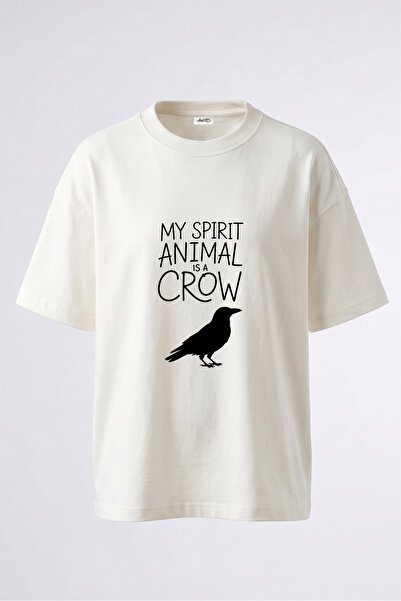 Anetos Dizajn Spirit Crow, pamučna bela majica sa leđnim printom, oversize