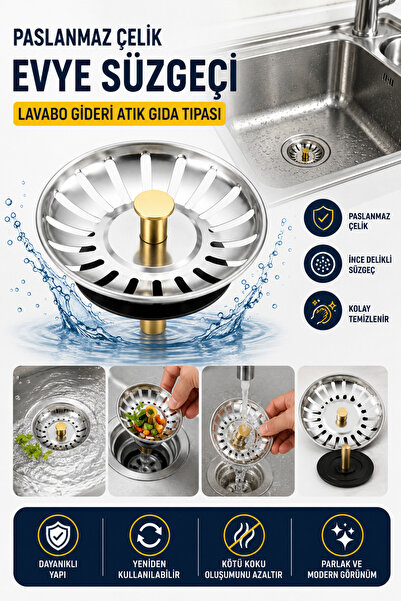 Hane Dostu Paslanmaz Çelik Evye Lavabo Süzgeci Gider Tıpası 8 cm Mutfak Banyo...