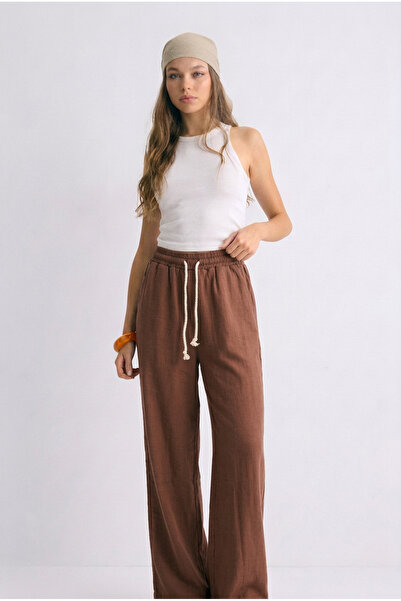 ELAFRO Women's Brown Linen Look Palazzo High Waist Lace-Up Comfortable Fit Tr...