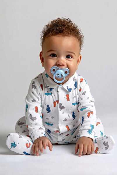 Kidyra Baby Dinosaur Patterned Shirt Collar Romper with Booties
