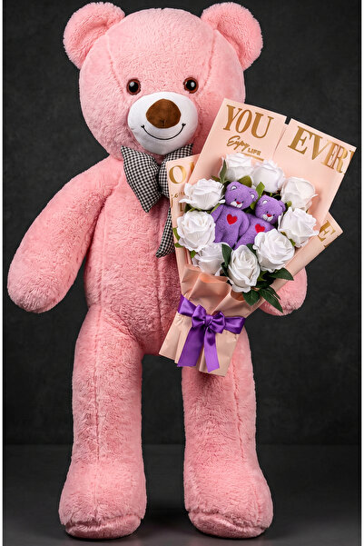lenostra 90 cm Pembe Büyük Peluş Ayıcık Beyaz Gül Buketi ve Kalpli Mor Mini A...