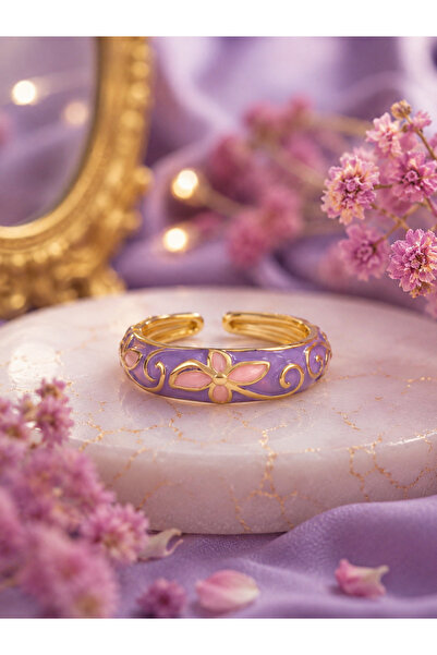 Sylvera Shop Spring Floral Lilac Enamel Ring - Adjustable (Gold Color)