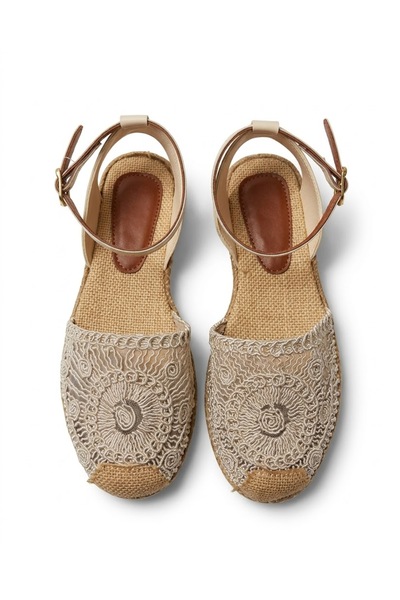 ZARICH Liora Cream Wicker Textured Embroidered Ankle Buckle Comfortable Flat ...