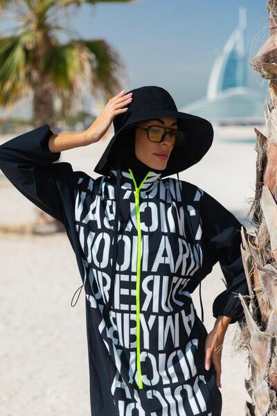 Marina Swimwear Full Covered Hijab Swimsuit Set with Letter Pattern Black Par...