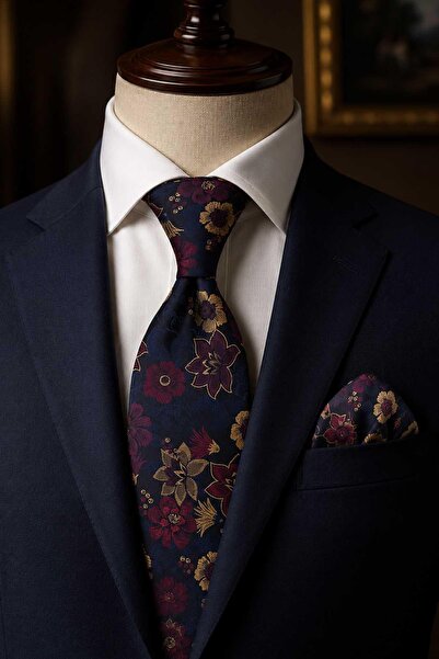 Kravatkolik Burgundy Beige Floral Pattern Classic Tie with Handkerchief Kk13711
