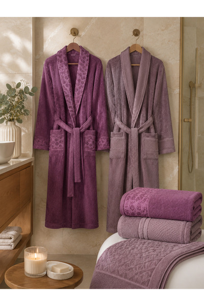 Özdilek Blossom Bathrobe Set Family Set Anthracite - Plum 5 Pieces
