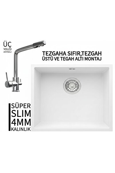 RealStone Steep 50 Beyaz Granit Evye & Abant Krom Batarya Seti