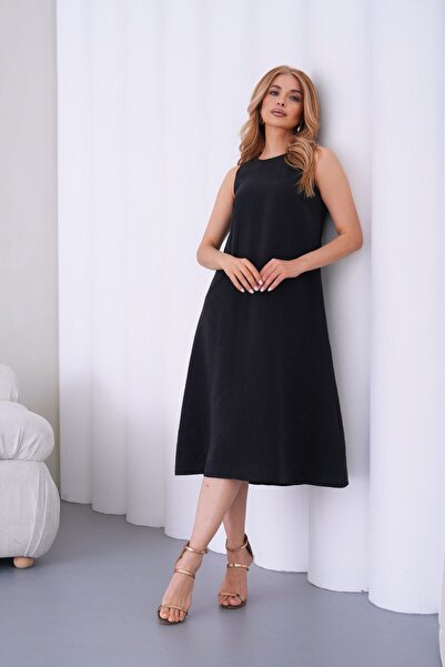 mysimy KADIN BİSİKLET YAKA ARKASI FERMUARLI TENCEL KUMAŞ ELBİSE