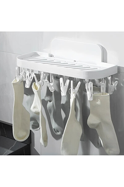 Herum Suport autoadeziv, din plastic, pliabil, 17 cleme, Alb, 36 x 15 x 14.5 cm