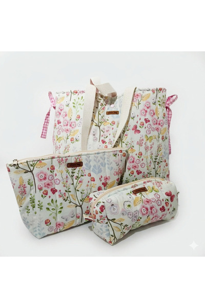 Elisss Design Set of 3 Women's Bags Beach Bag Organizer Makeup Bag Floral Pat...