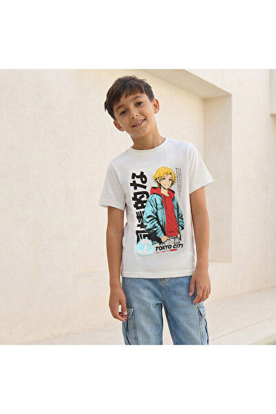 Juniors تي شيرت للأولاد برقبة دائرية وطباعة أنيمي - قطن - أكمام قصيرة