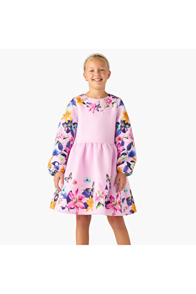 Juniors Round Neck Long Sleeves Knee Length Dress with Floral Print