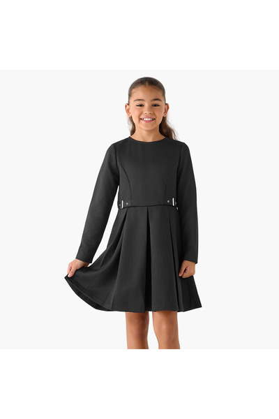 Juniors Crew Neck Long Sleeves Dress with Pleated Detail