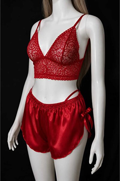 merve ada design Dantel Bralet Saten Şort & Tanga Pijama & 3'lü Pijama Takım