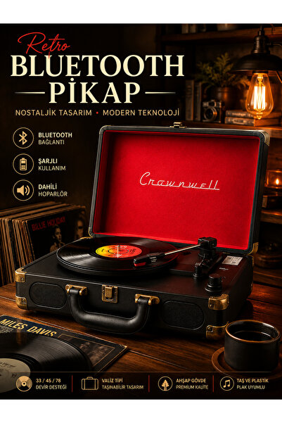 KOLAYEV Retro Bluetooth Pikap Ahşap Gövdeli Şarjlı Valiz Tipi Gramofon Plak Ç...