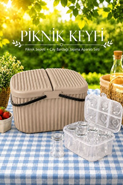 LİGROUND 30 Litre Renkli Büyük Kulplu Kapaklı Piknik Sepeti Piknik Seti Çay B...