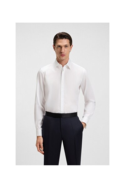 BOSS Erkek Slim Fit Pamuklu Uzun Kollu Beyaz Gömlek