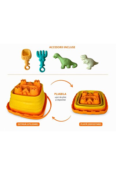 ADIRI SHOP Set găletușă pliabilă pentru nisip cu accesorii dinozauri, 5 piese...