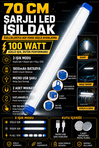nelerbulurum 70 Cm Şarjlı 100Watt Kancalı Mıknatıslı 3 Modlu 1800mAh Akvaryum El Feneri Bahçe Aydınlatma Ampul Masa ve Gece Lambası Kamp Lambası