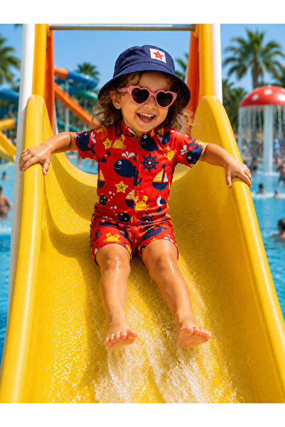 PİAURA Children's Jumpsuit Swimsuit Half Zippered Sea and Pool Girls' Swimsuit