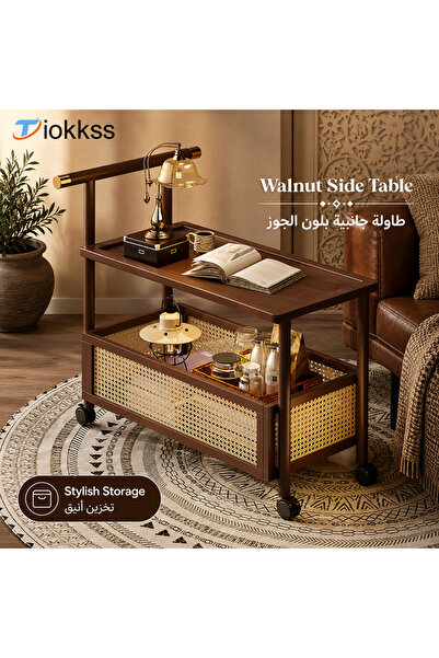 Tiokkss Walnut-Color Rolling Side Table with Storage Basket, 2-Tier Narrow So...
