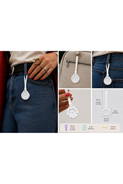 Generic Brand Royal Pop White Colorful Detailed Hanging Pocket Watch Nurse Watch Bag and Pants Accessory Keychain Unisex Octagonal Watch