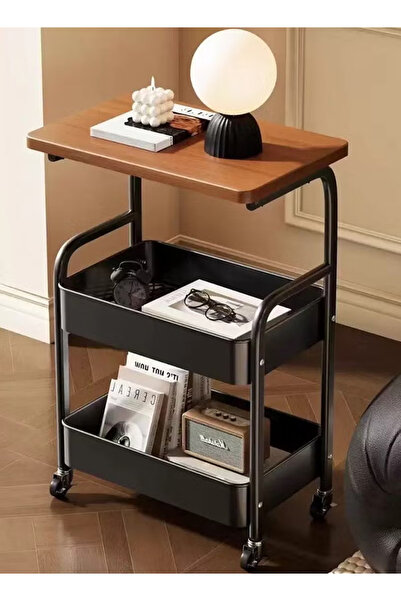 CozyWorld 2-Tier Rolling Storage Cart with Wooden Top, Multi-Purpose Carbon S...