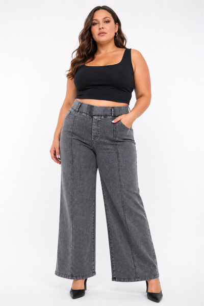 ZANESSİ FASHION Plus Size Denim High Waist Wide Leg Women's Trousers