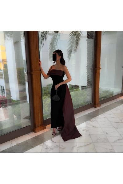 ANGELINSA فستان ناعم طويل ميدي لون اسود ماسك استرتش