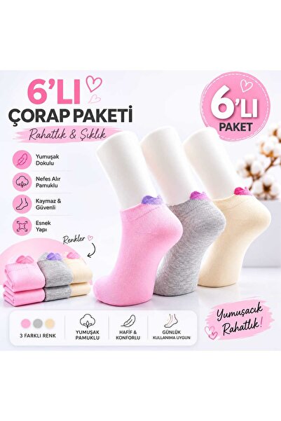 Kadın 3D Kalp Desenli Pamuklu 6 Çift Kısa Patik Spor Sneaker Çorap