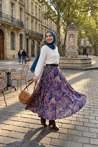 ZEROGAPRİSE Women's Belted Asymmetrical Ethnic Patterned Hijab Skirt