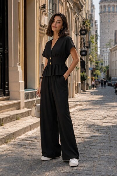 İpli Kadın V Yaka Düğmeli Peplum Bluz Bol Paça Pantolon Takım