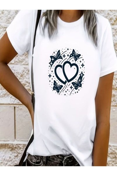 vorena Heart and Butterfly Patterned Oversize T-Shirt