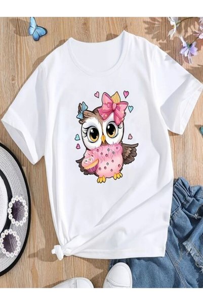 vorena Cute Owl Printed White T-Shirt