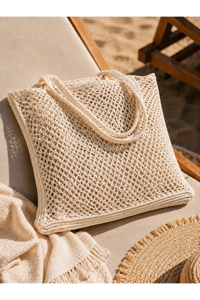 NİLZA Women's Knitted Beach Bag Ecru Mesh Beach Bag Shoulder Bag