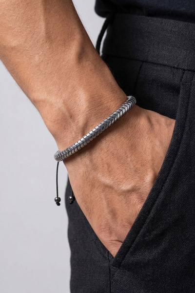 Elika Silver Hematite Stone Thick Adjustable Drawstring Men's Bracelet