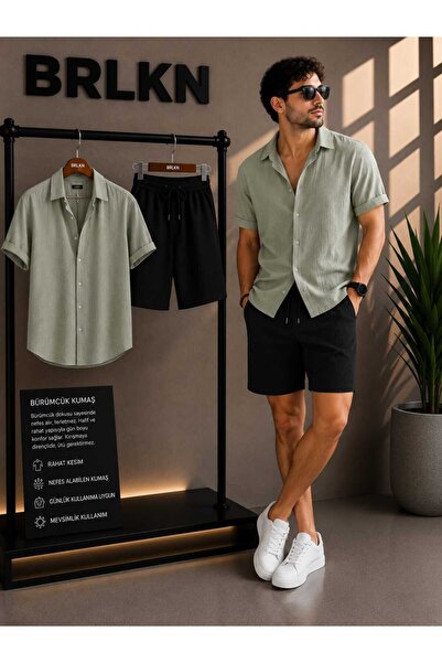 BRLKN Boyfriend Fit Waffle Fabric Alaçatı Style Unisex Wrinkled Short Sleeve ...