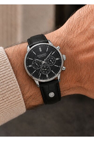 Homies Men's Black Leather Cord Black Dial Function Wristwatch 2 Years Warranty