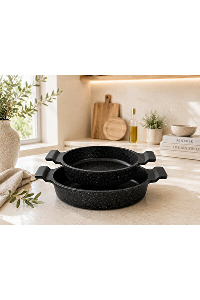 LAVONNI Nirvana Set of 2 Cast Granite Pans 18 cm and 20 cm Black Non-Stick Su...