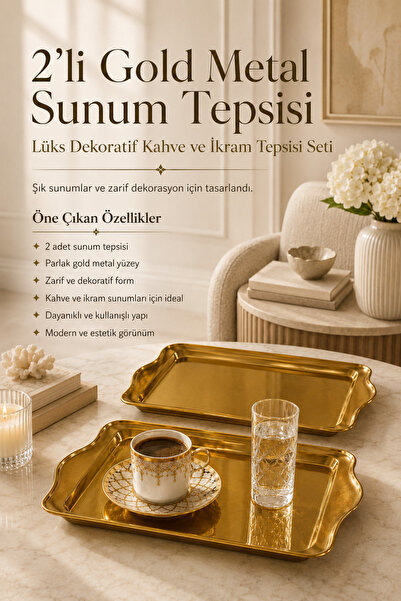 DİVAYS 2-Piece Gold Metal Presentation Tray Luxury Coffee and Catering Tray Set