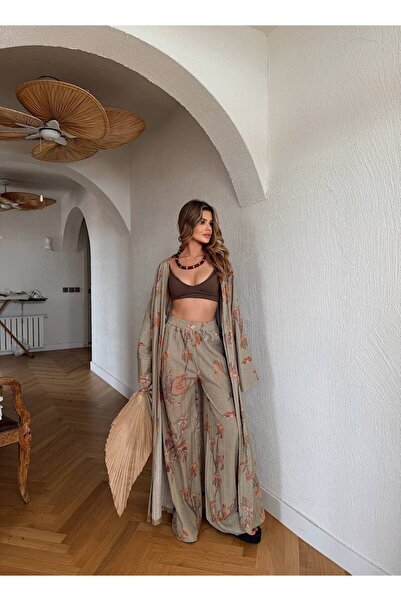 Bianca&Eva Çiçek Yapraklı Baskılı Oversize Kimono Kaftan Lastikli Pantolon Do...
