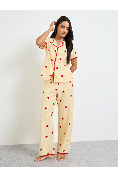 Take Two By Styli Yellow Heart Striped Print Shirt and Pyjama Set