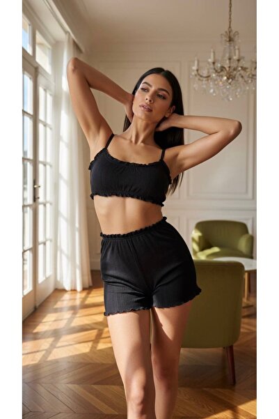 ARONA Maison Efsune Kadın Siyah Kaşkorse Şortlu Pijama Takımı Rahat Ev Giyim