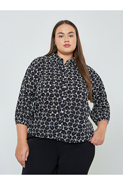 Styli Plus Size Embroidered Eyelet 3/4 Sleeve Shirt