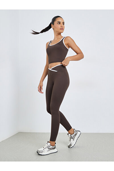 Styli Brown Contrast Edge Detail Longline Sports Bra and Overlap Waist Leggin...