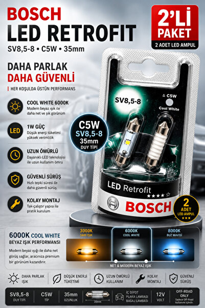 Bosch C5W LED Retrofit 35mm 6000K Cool White Plaka ve İç Aydınlatma Ampulü 2'...