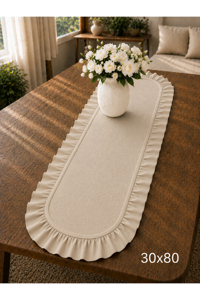 ŞAH TEXTILE DESIGN 30x80 taş rengi sık fırfırlı oval runner, konsol örtüsü